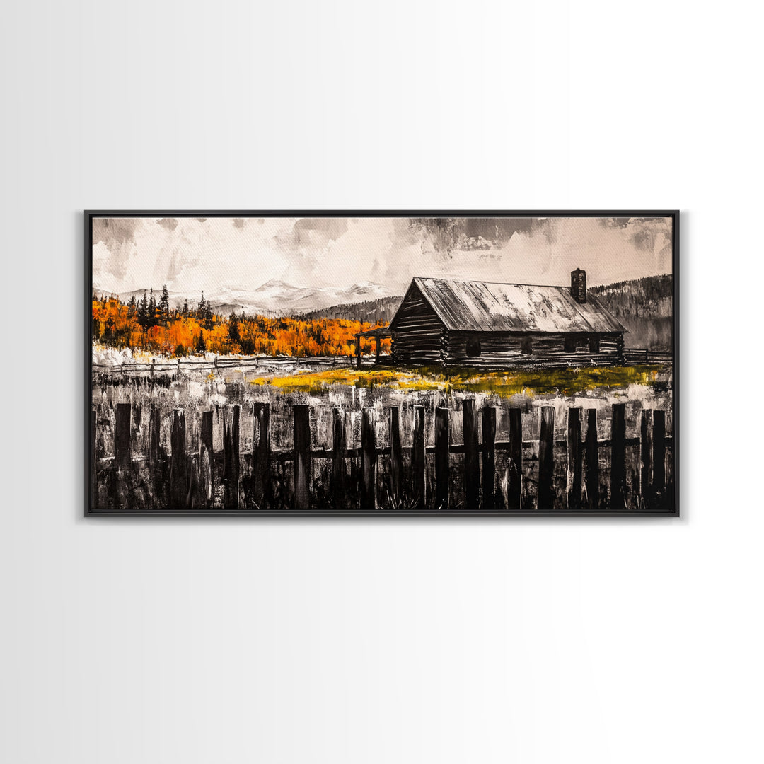 Rustic Cabin, Fall Foliage, Country Home Art, Canvas Print, Autumn Wall Decor, Farmhouse Wall Art, Cozy Living Room Art