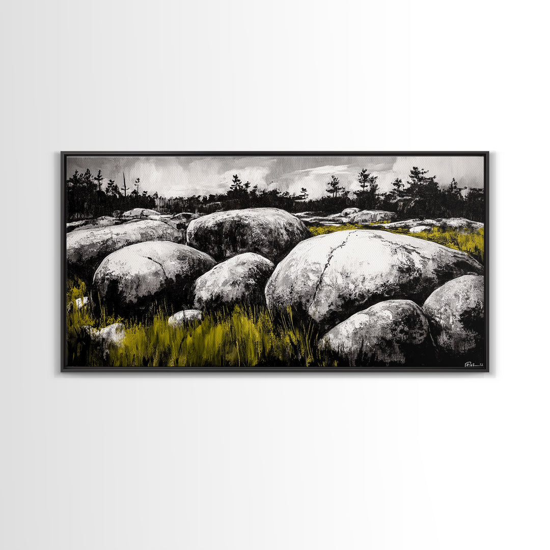 Boulder Landscape, Black and White, Nature Scene, Framed Canvas Print, Rustic Wall Art, Minimalist Decor, Wilderness Theme, Cabin Art