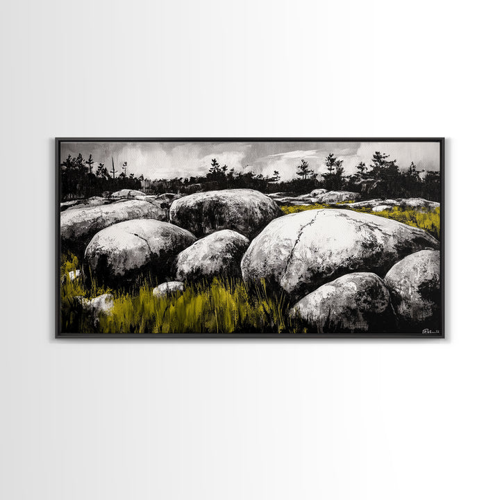 Boulder Landscape, Black and White, Nature Scene, Framed Canvas Print, Rustic Wall Art, Minimalist Decor, Wilderness Theme, Cabin Art