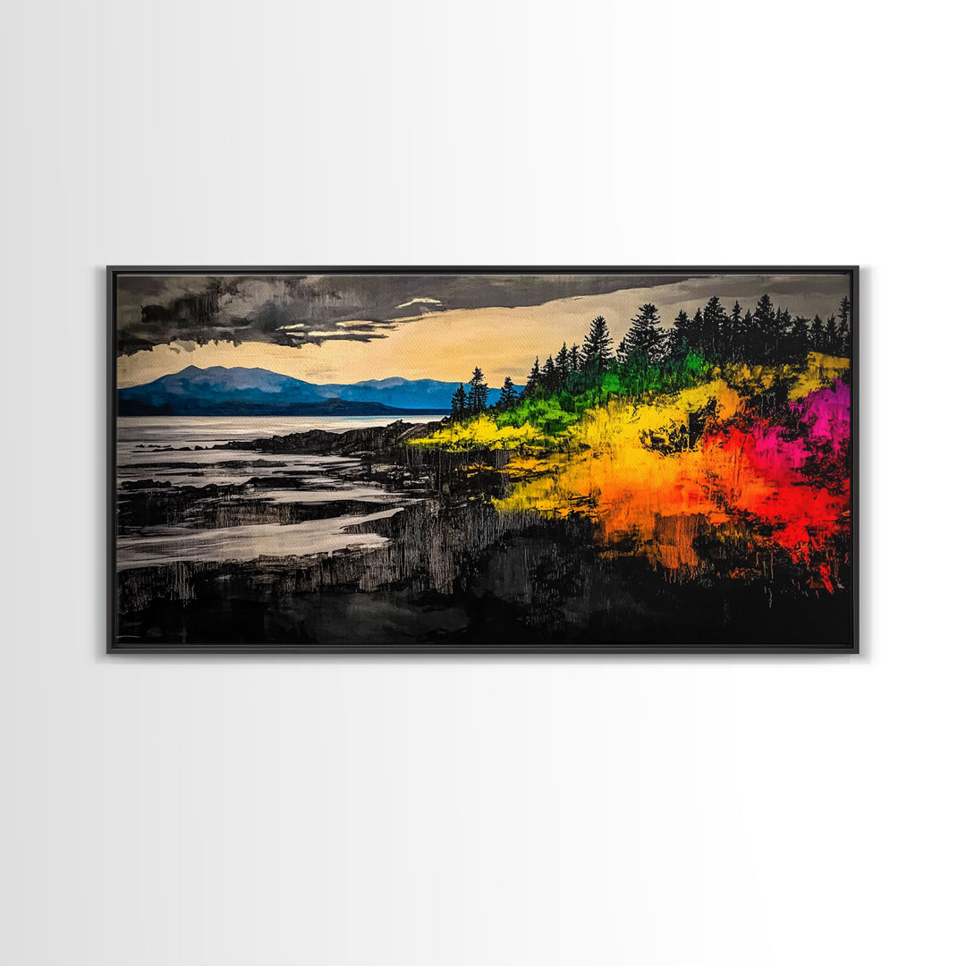 Coastal Sunset, Vibrant Ocean Art, Framed Canvas Print, Modern Landscape Painting, Beach Wall Art, Large Wall Decor, Living Room Art