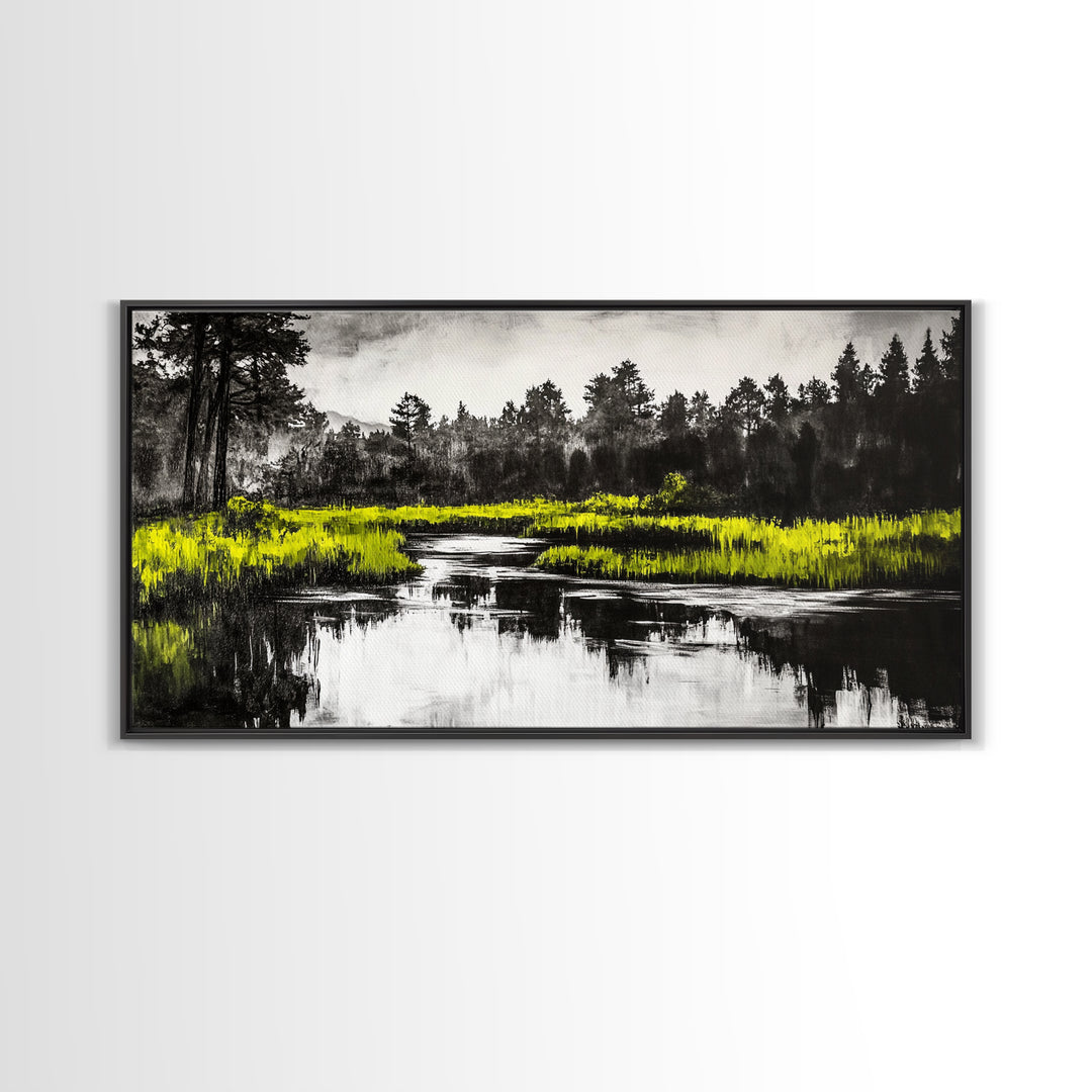 River Reflection, Minimalist Nature Art, Framed Canvas Print, Black and White Landscape, Modern Wall Decor, Office Wall Art