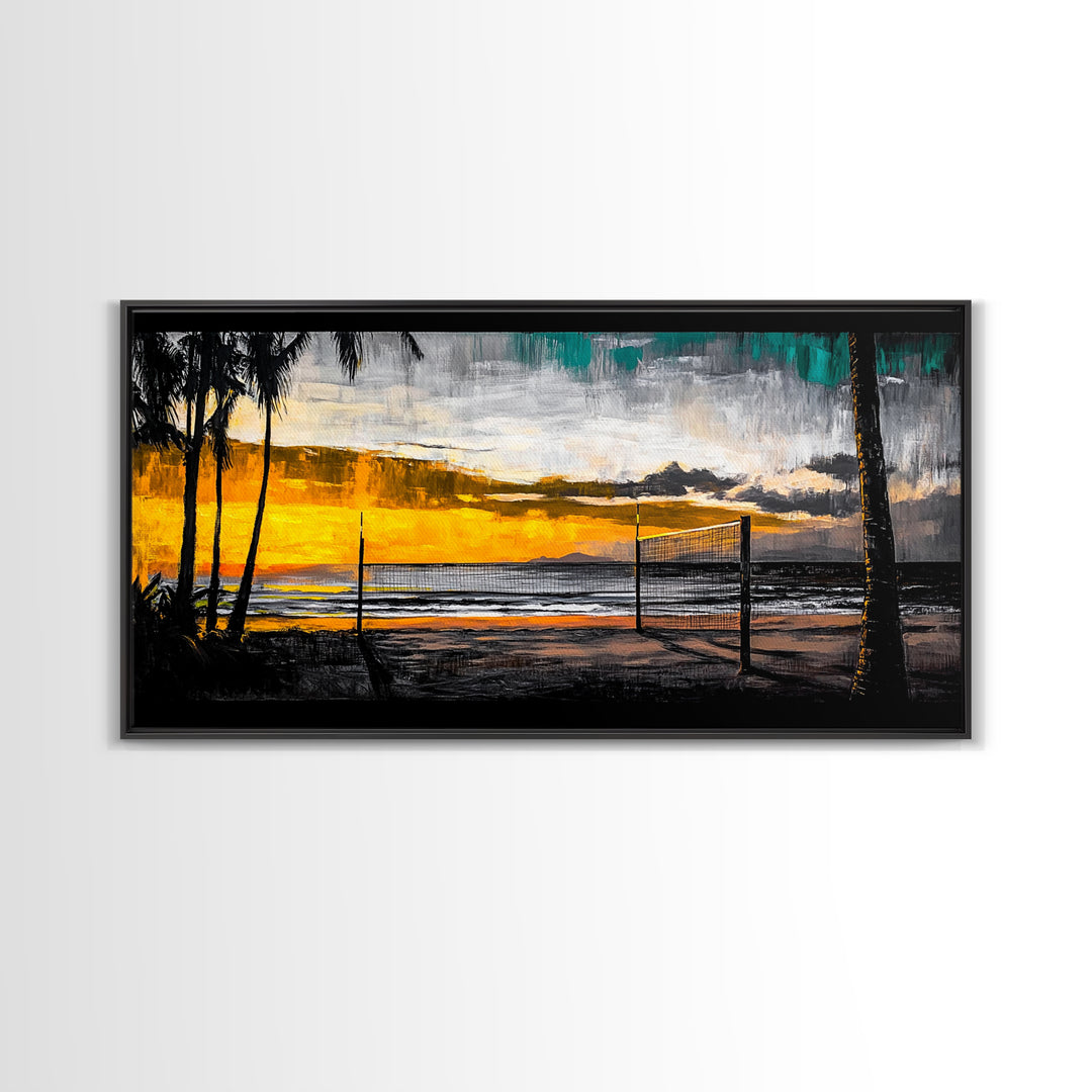 Beach Volleyball, Sunset Seascape, Warm Coastal Decor, Tropical Wall Art, Living Room Artwork, Golden Hour Beach Scene, Framed Canvas Print