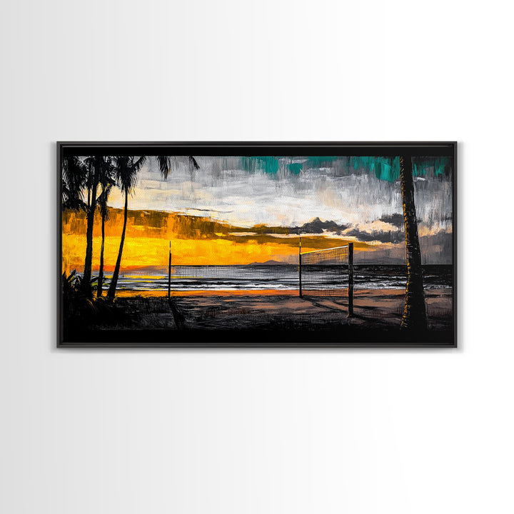 Beach Volleyball, Sunset Seascape, Warm Coastal Decor, Tropical Wall Art, Living Room Artwork, Golden Hour Beach Scene, Framed Canvas Print