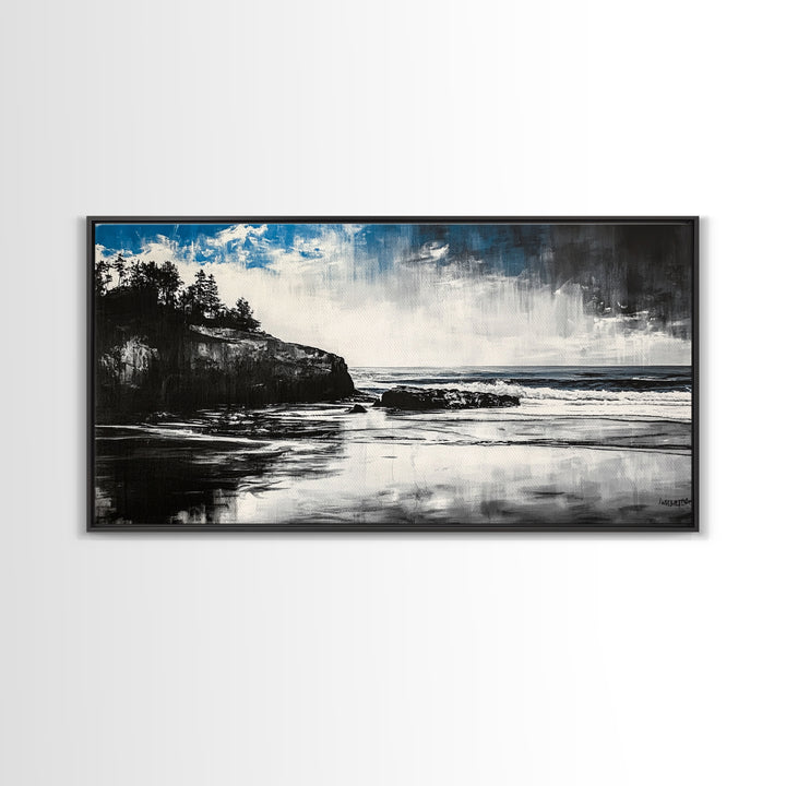 Dramatic Cliffside Painting, Ocean Wave Canvas Print, Monochrome Seascape Art, Moody Wall Decor, Coastal Artwork, Framed Canvas Print