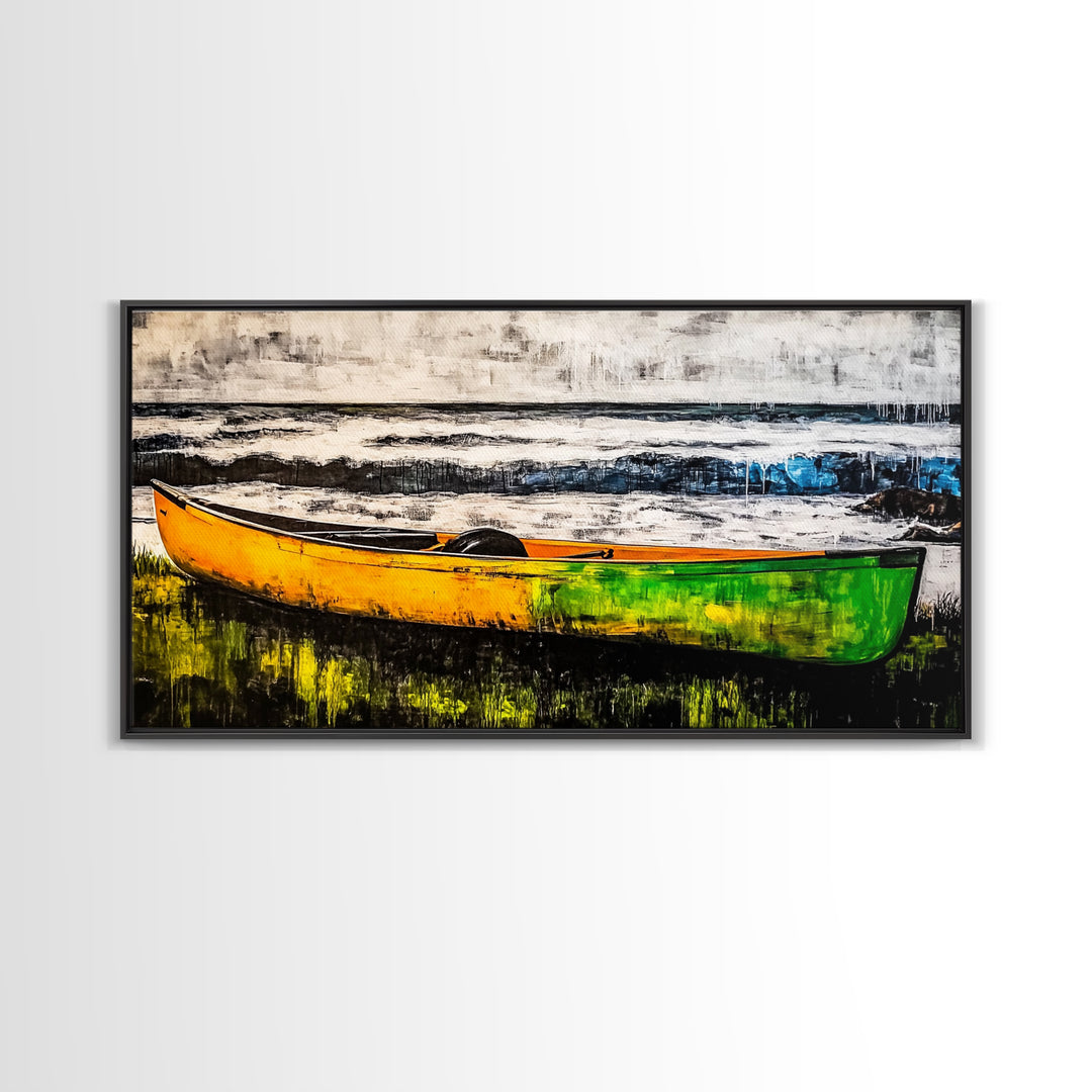 Canoe on the Shore, Rustic Nature Canvas Print, Lake House Wall Art, Autumn Painting, Outdoors Inspired Decor, Framed Canvas Print