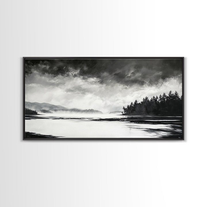 Monochrome Landscape Art, Misty Lake Canvas Print, Nature Wall Decor, Black and White Painting, Living Room Artwork, Framed Canvas Print