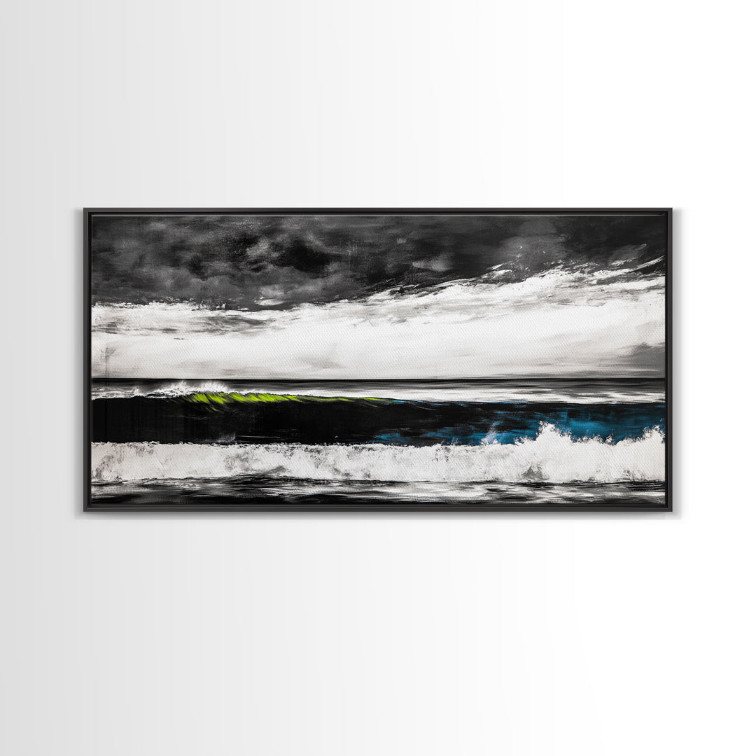 Ocean Wave Painting, Black and White Print, Modern Coastal Wall Decor, Seascape Art, Nautical Home Aesthetic, Framed Canvas Print