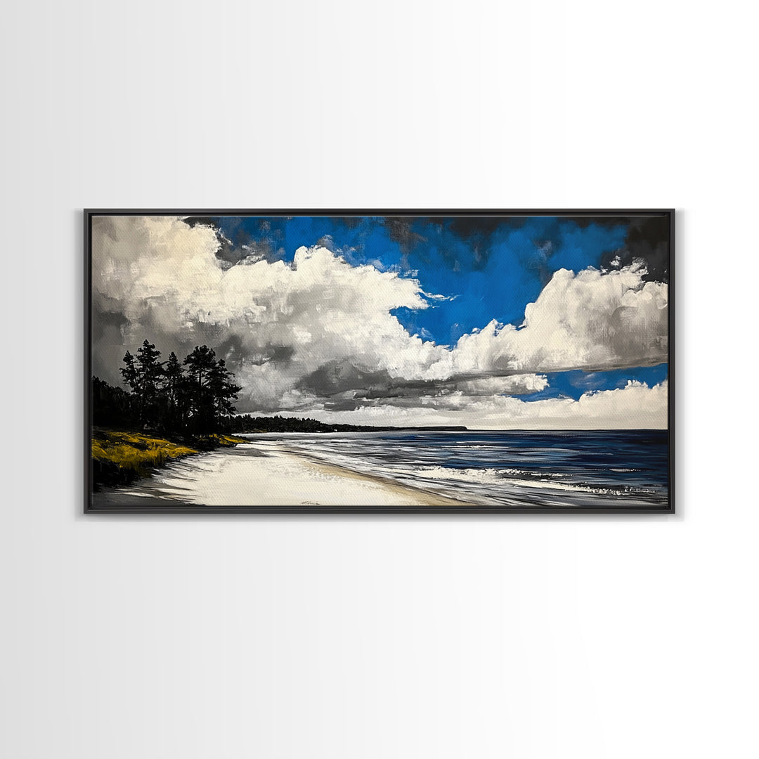 Dramatic Beach Scene, Blue Sky Canvas Print, Coastal Landscape Painting, Nature Wall Decor, Living Room Artwork, Framed Canvas Print