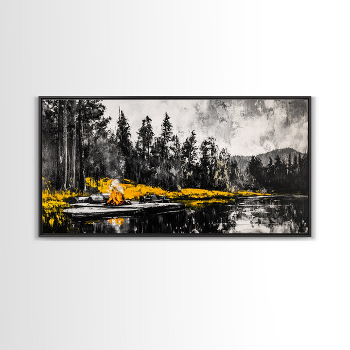 Campfire Forest Painting, Black and White Canvas Print, Nature Wall Decor, Cozy Cabin Artwork, Autumn Inspired Art, Framed Canvas Print