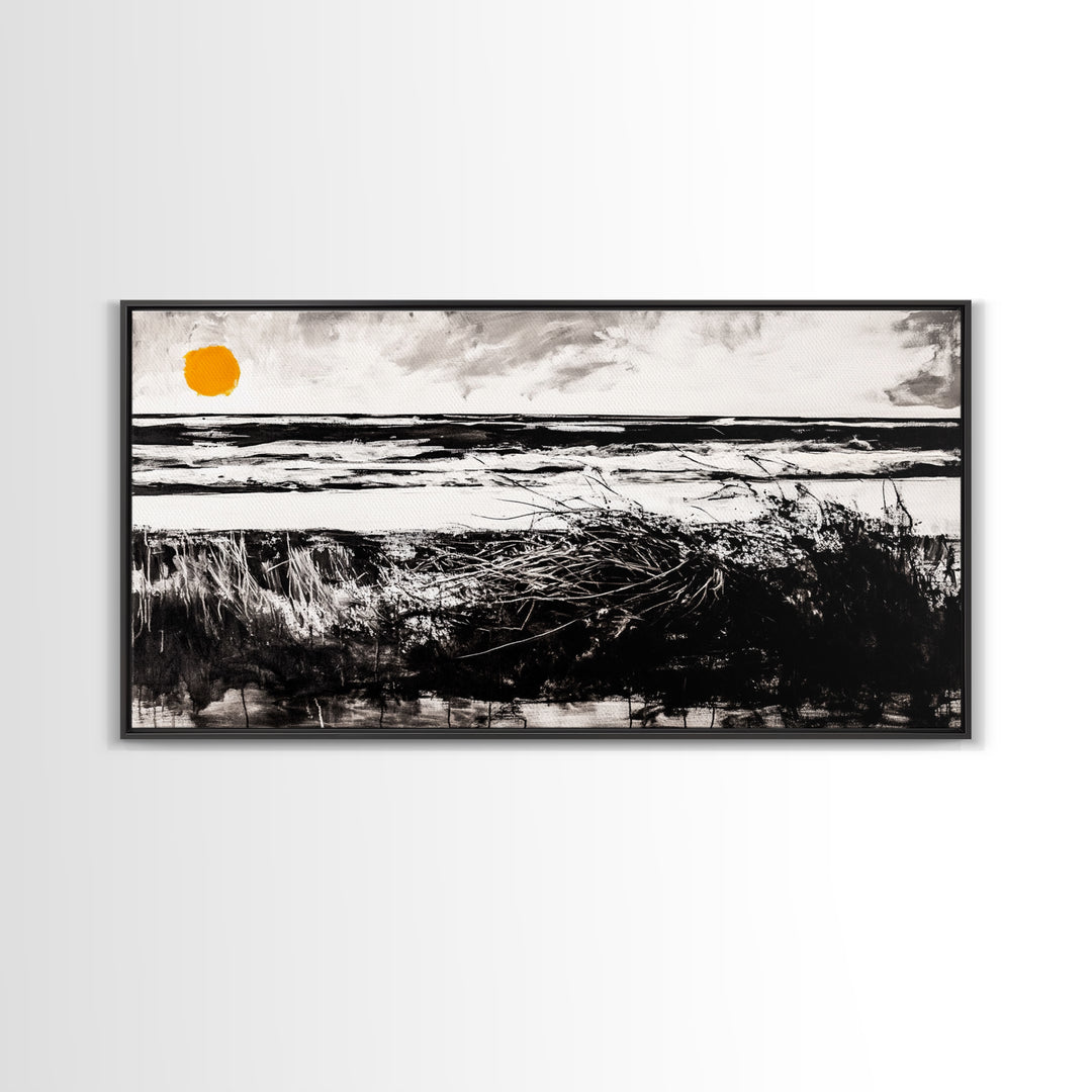 Coastal, Minimalist, Black and White, Framed Canvas Print, Ocean Sunset Wall Art, Beach House Decor, Nautical Artwork, Serene Seascape