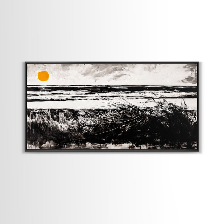Coastal, Minimalist, Black and White, Framed Canvas Print, Ocean Sunset Wall Art, Beach House Decor, Nautical Artwork, Serene Seascape