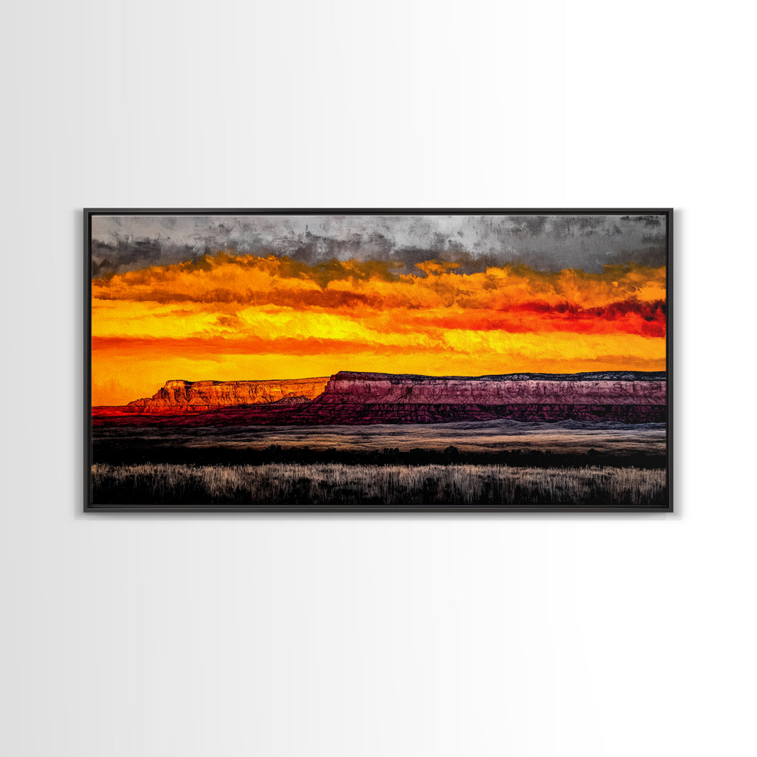 Desert, Sunset, Southwest, Framed Canvas Print, Bold Canyon Painting, Warm Earth Tones Wall Art, Western Home Decor, Scenic Landscape