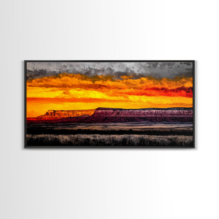 Desert, Sunset, Southwest, Framed Canvas Print, Bold Canyon Painting, Warm Earth Tones Wall Art, Western Home Decor, Scenic Landscape