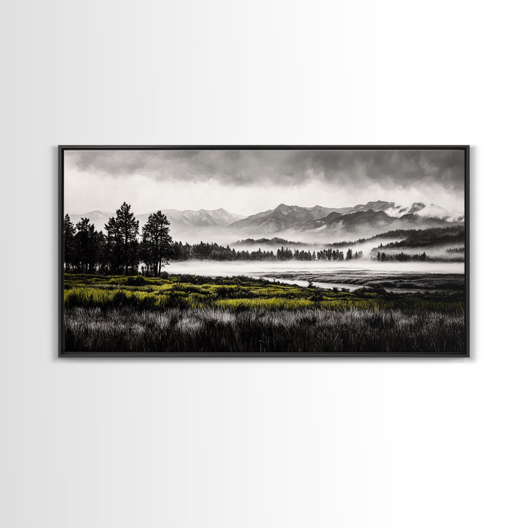 Foggy Forest, Mountain Landscape, Monochrome Wall Art, Framed Canvas Print, Modern Home Decor, Living Room Artwork, Nature Print