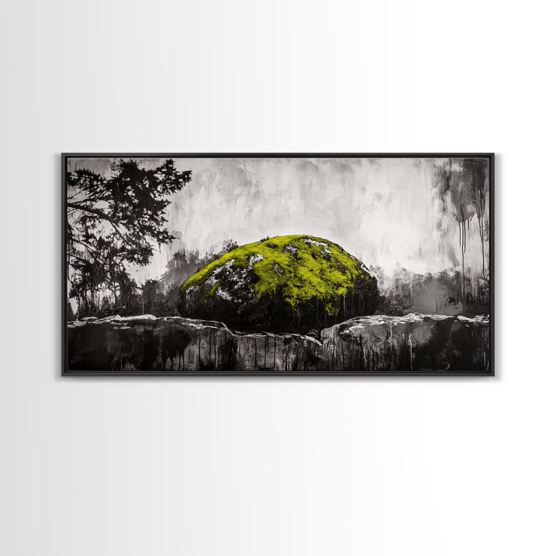 Mossy Rock, Abstract Nature, Green and Black Art, Canvas Print, Rustic Wall Decor, Boho Artwork, Modern Farmhouse Decor