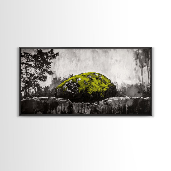Mossy Rock, Abstract Nature, Green and Black Art, Canvas Print, Rustic Wall Decor, Boho Artwork, Modern Farmhouse Decor