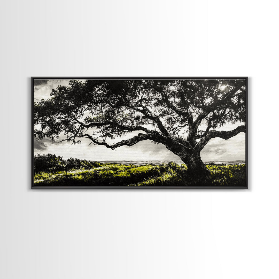 Oak Tree, Scenic Meadow, Black and White Landscape, Framed Canvas Print, Nature Wall Art, Large Canvas Artwork, Living Room Decor