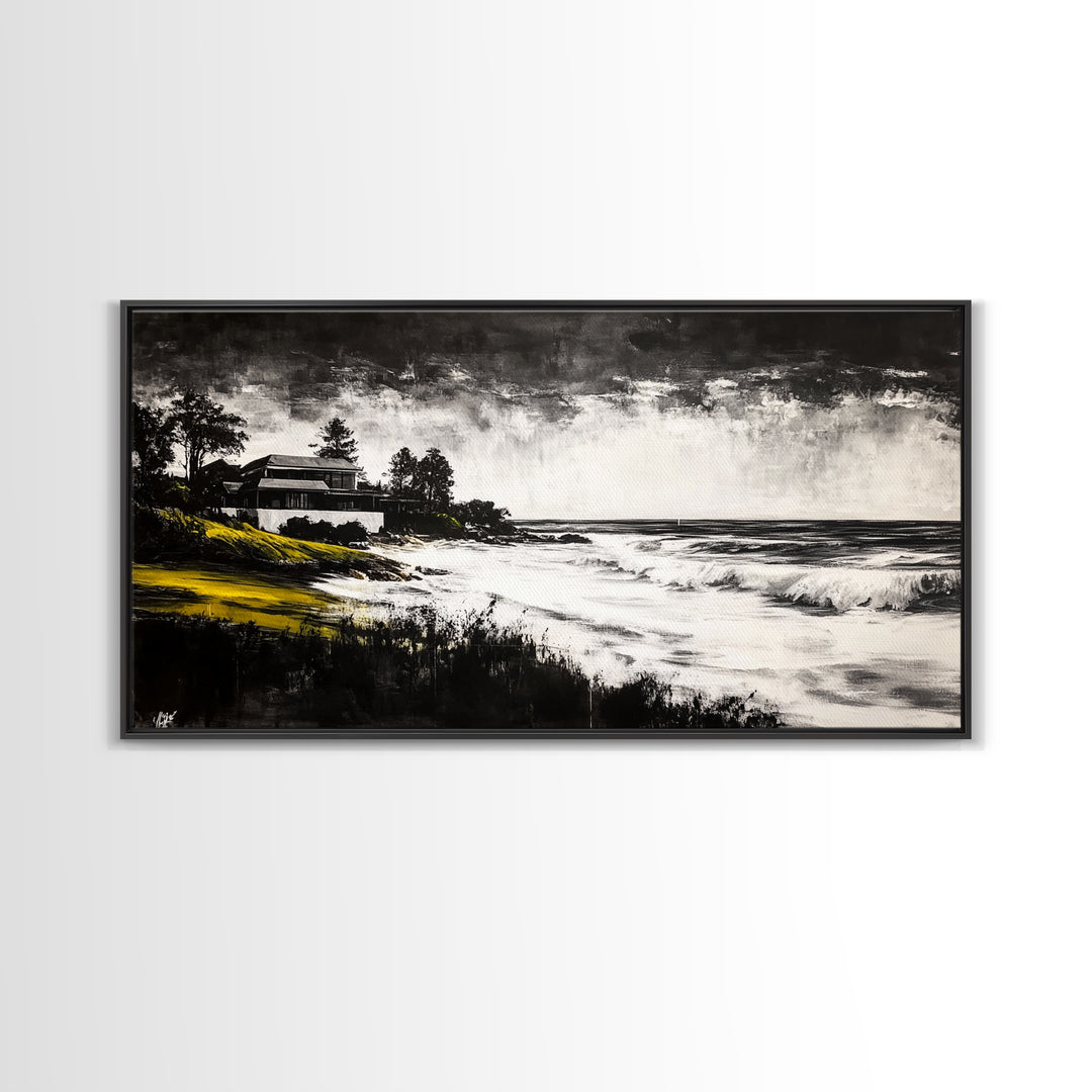 Coastal Landscape, Black and White, Framed Canvas Print, Beach House Wall Art, Nautical Decor, Ocean View Art, Minimalist Seascape