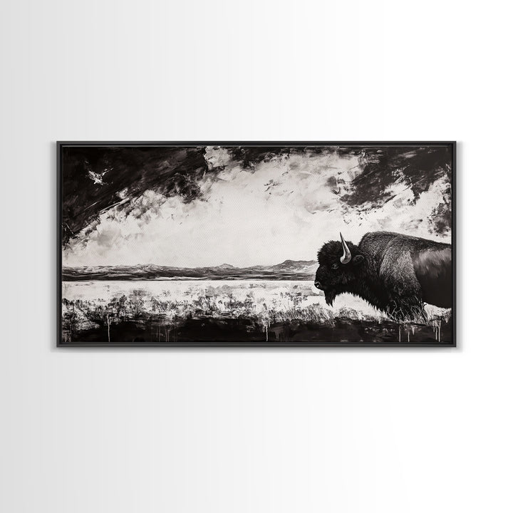 Bison Landscape, Western Art, Black and White Buffalo, Rustic Home Decor, Southwestern Wall Art, Nature Artwork, Framed Canvas Print