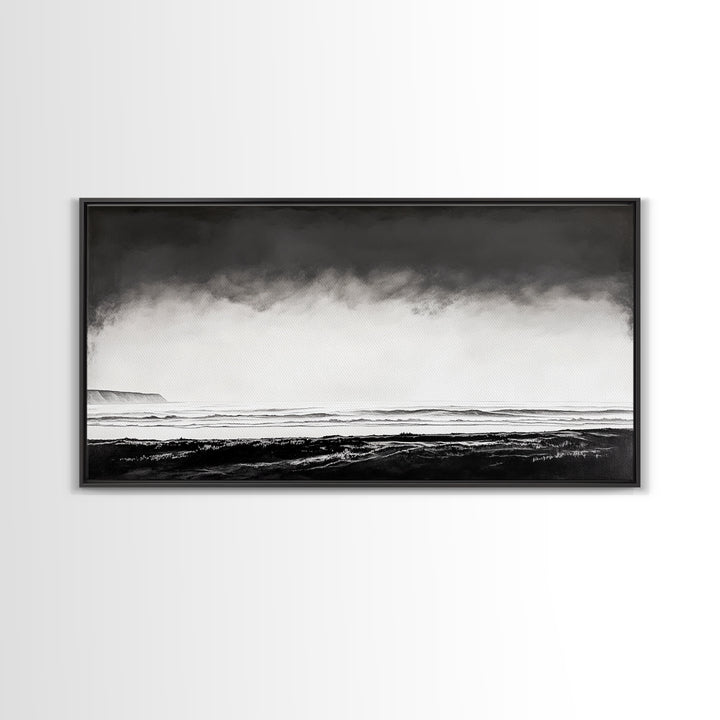 Foggy Ocean, Misty Beach, Black and White Minimalist, Canvas Print, Modern Wall Art, Bedroom Decor, Neutral Tones, Serene Seascape