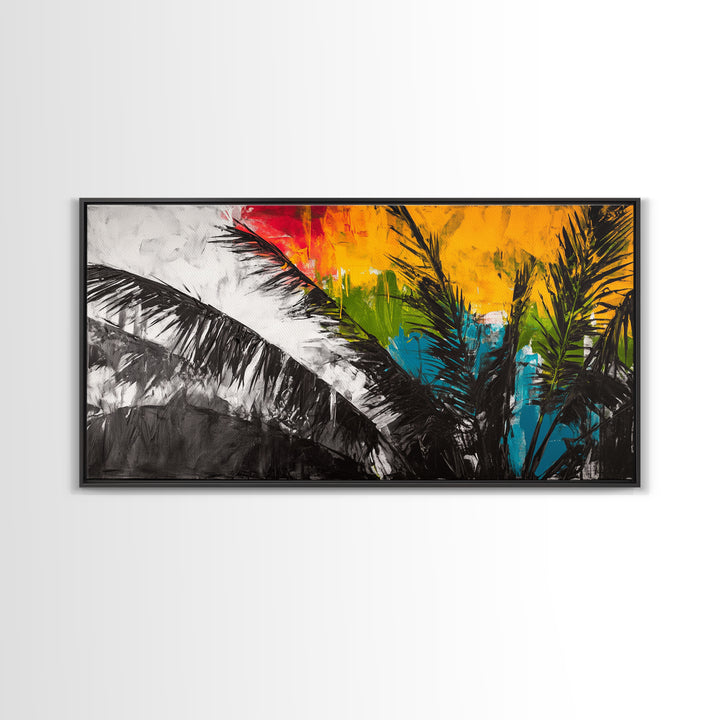 Tropical Palm Leaves, Sunset Art, Beach House Decor, Vibrant Coastal Painting, Island Vibes, Framed Canvas Print, Bedroom Wall Art