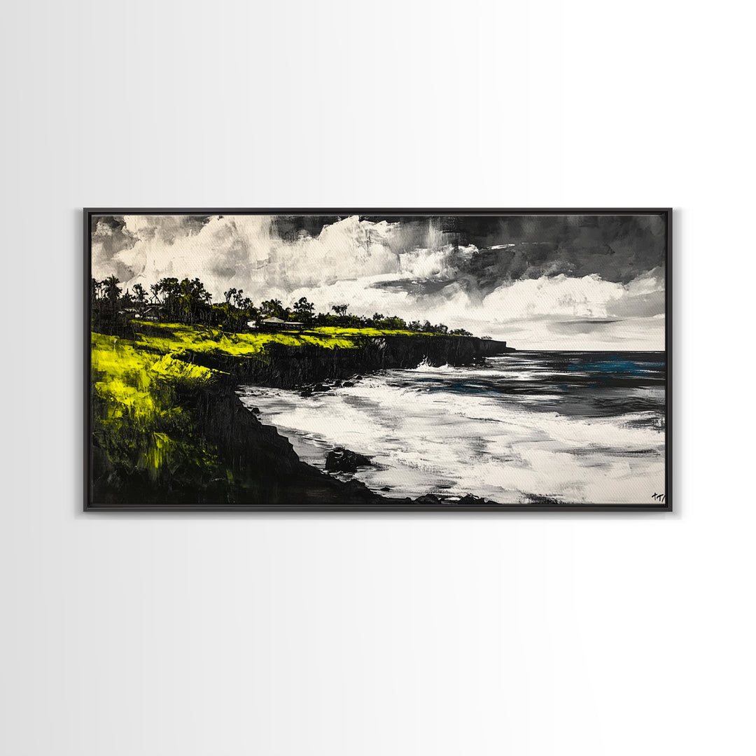 Cliffside Ocean View Landscape, Black and White Seascape, Nautical Wall Decor, Living Room Art, Beach House Scene, Framed Canvas Print