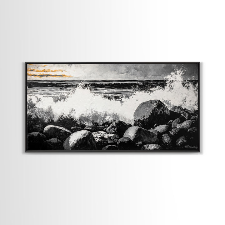 Rocky Shore, Powerful Ocean Waves, Dramatic Black and White Seascape, Coastal Home Decor, Framed Canvas Print, Living Room Accent