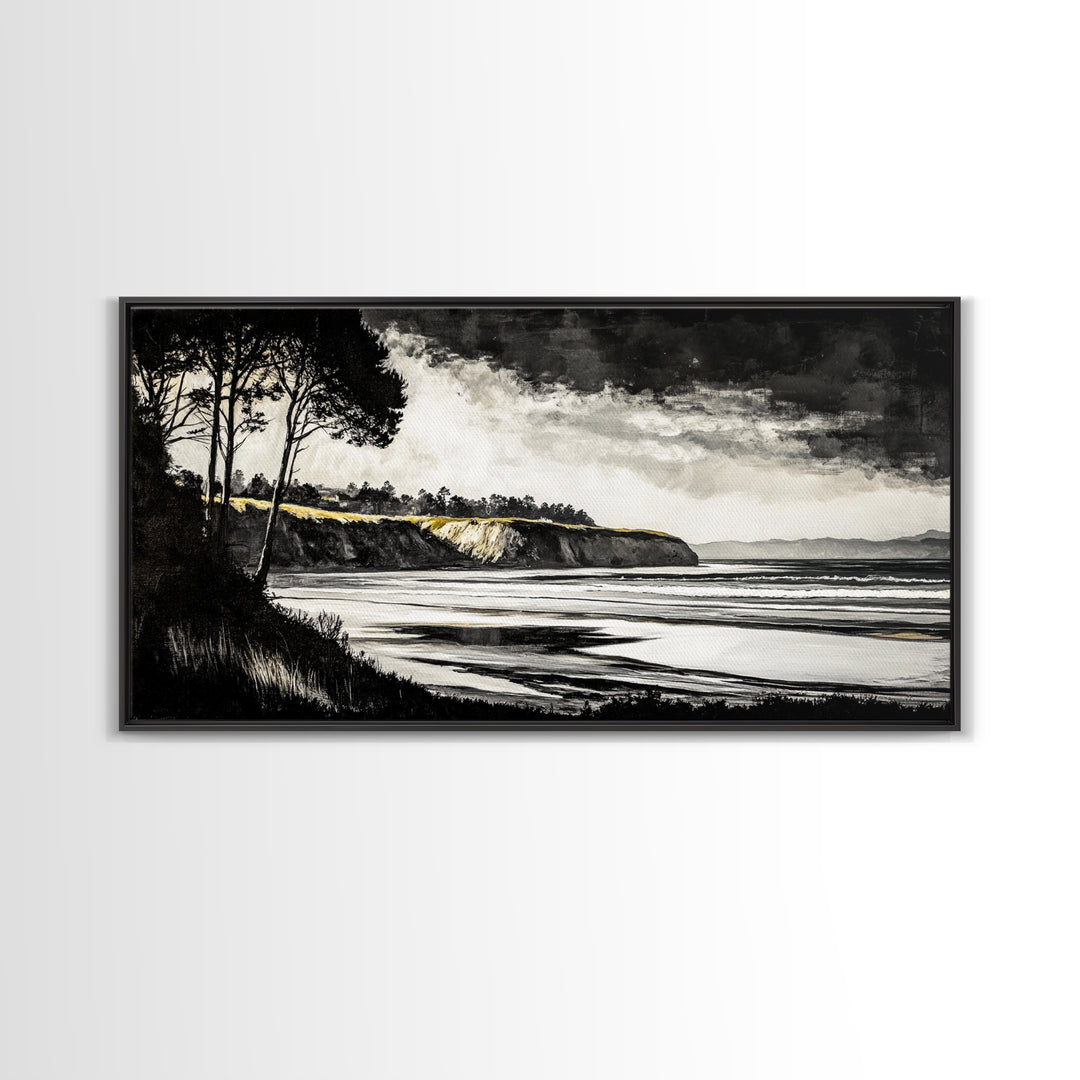 Black White, Coastal Cliffs, Seascape, Large Canvas Print, Ocean Wall Art, Modern Landscape, Minimalist Painting, Nautical Home Decor