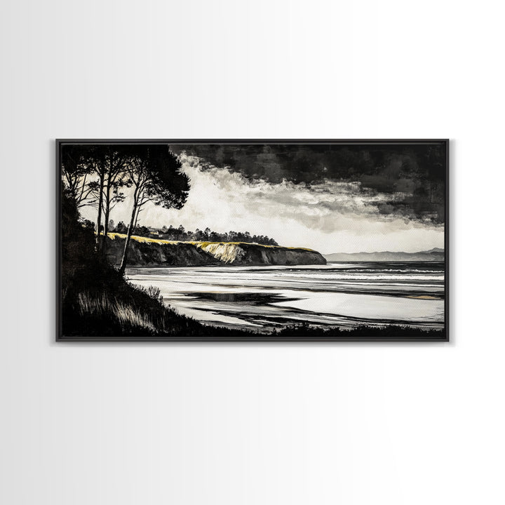 Black White, Coastal Cliffs, Seascape, Large Canvas Print, Ocean Wall Art, Modern Landscape, Minimalist Painting, Nautical Home Decor