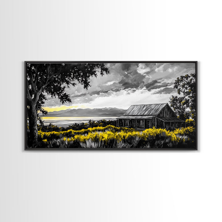 Rustic Cabin, Lake View, Black White Yellow, Large Canvas Print, Country Landscape, Farmhouse Wall Art, Living Room Decor, Framed Artwork