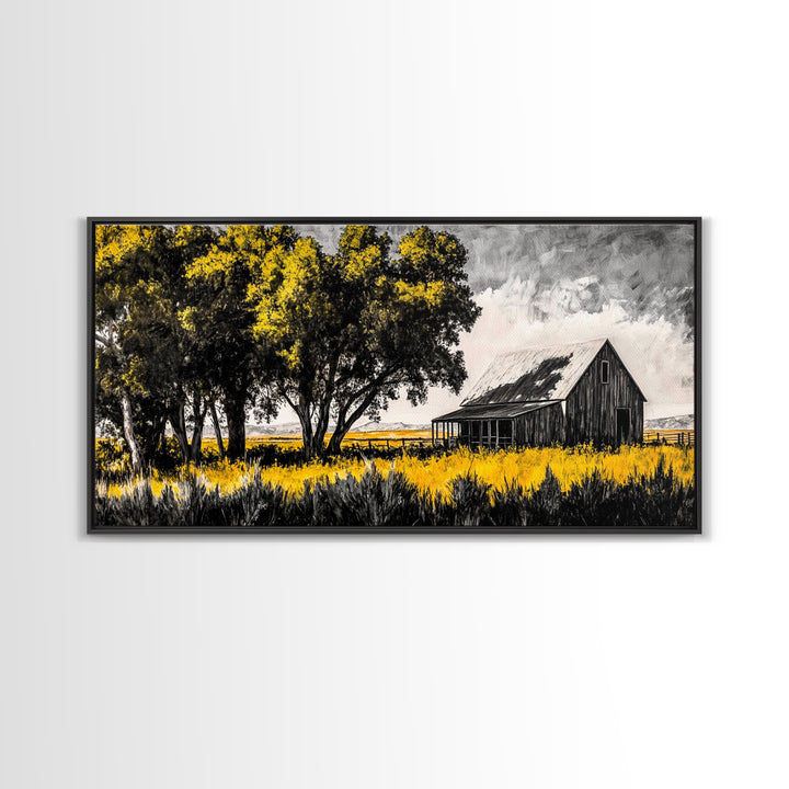 Rustic Barn, Country Wall Art, Western Farmhouse Decor, Black and White Art, Nature Landscape, Living Room Wall Art, Framed Canvas Print