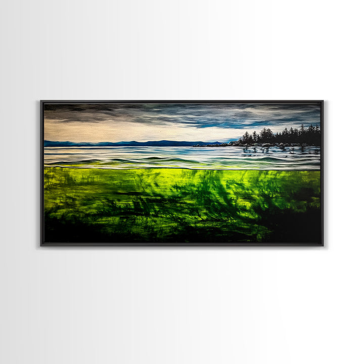 Coastal Reflection, Ocean Shore, Tranquil Seascape, Minimalist Beach Art, Nature Landscape Painting, Bedroom Wall Art, Framed Canvas Print