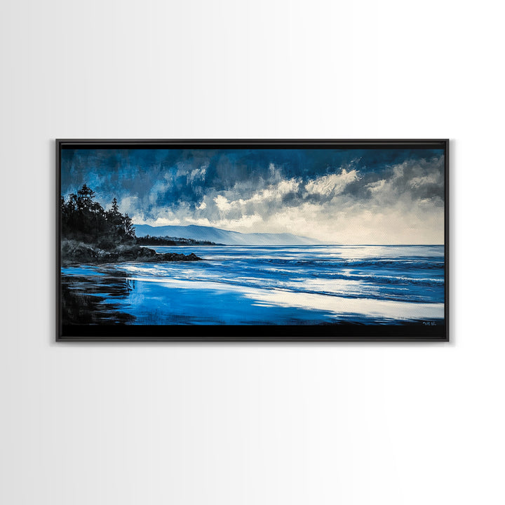 Blue Seascape, Coastal Landscape, Ocean Horizon Art, Serene Beach Painting, Nautical Wall Decor, Living Room Wall Art, Framed Canvas Print