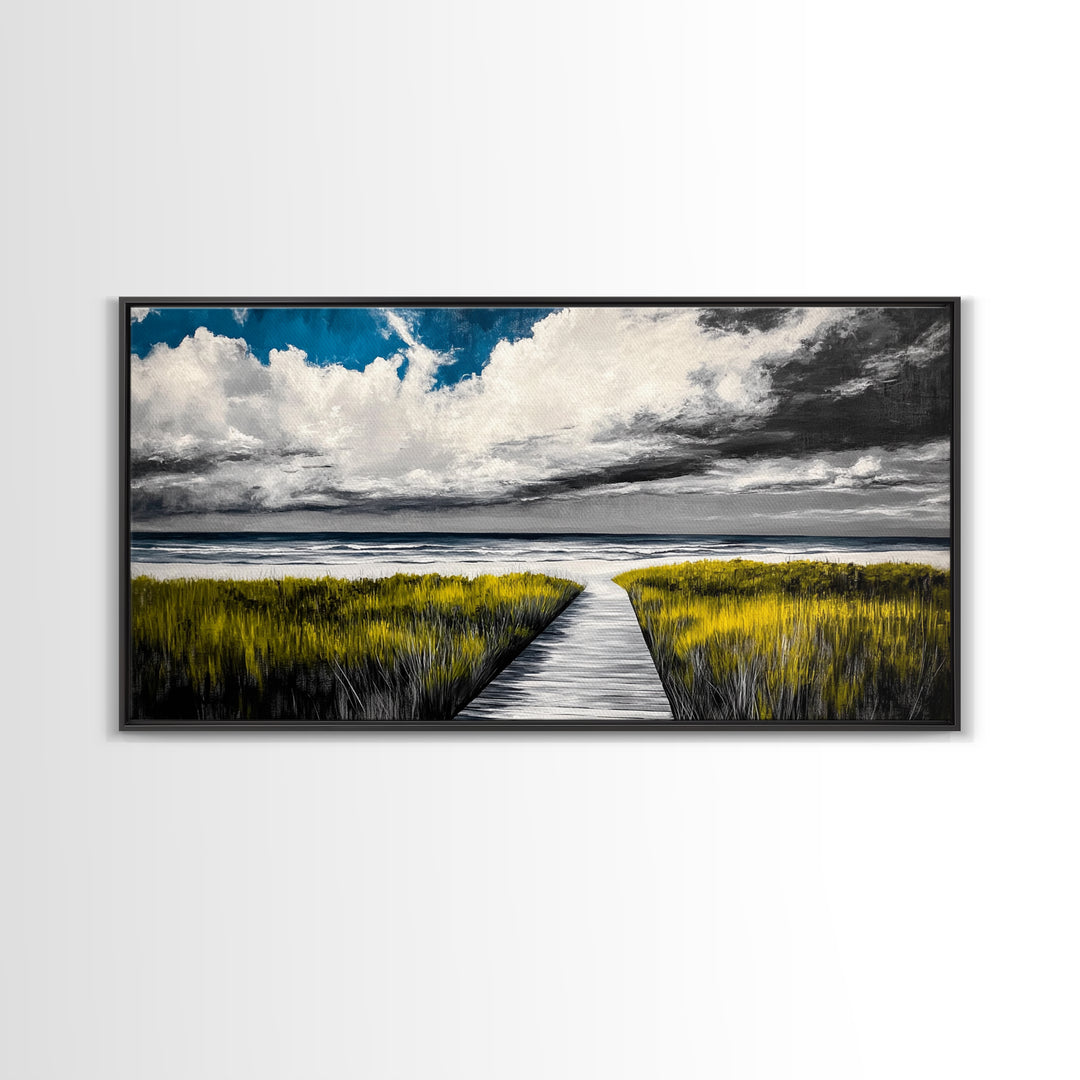 Beach Boardwalk, Coastal Landscape, Black and White Seascape, Nautical Decor, Living Room Artwork, Beach House Scene, Framed Canvas Print