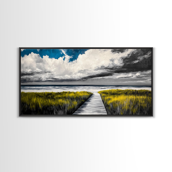 Beach Boardwalk, Coastal Landscape, Black and White Seascape, Nautical Decor, Living Room Artwork, Beach House Scene, Framed Canvas Print