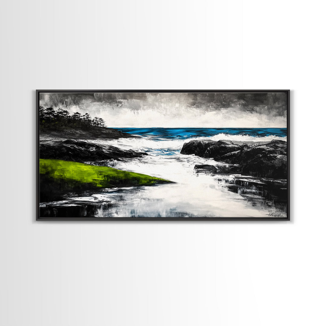 Rocky Shore, Ocean Wave Art, Coastal Seascape, Dramatic Beach Painting, Nautical Home Decor, Modern Coastal Print, Canvas Print