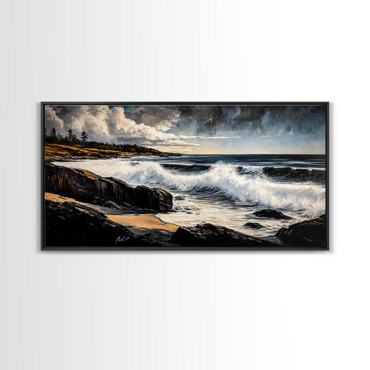 Stormy Waves, Dramatic Seascape, Moody Sky, Framed Canvas Print, Beach House Art, Living Room Wall Art, Modern Coastal Decor