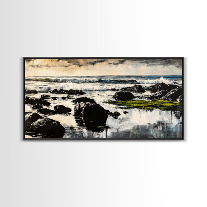 Rocky Coastline, Ocean Waves, Moody Seascape, Canvas Print, Nautical Wall Art, Monochrome Landscape, Bedroom Wall Art, Nature Aesthetic