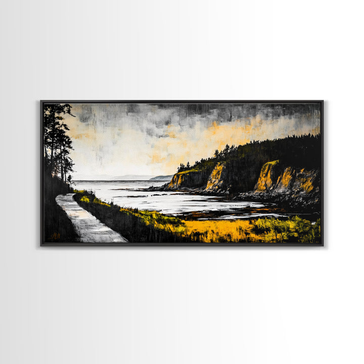 Rugged Shore, Coastal View, Autumn Landscape, Framed Canvas Print, Beach House Art, Living Room Wall Art, Minimalist Seascape Decor