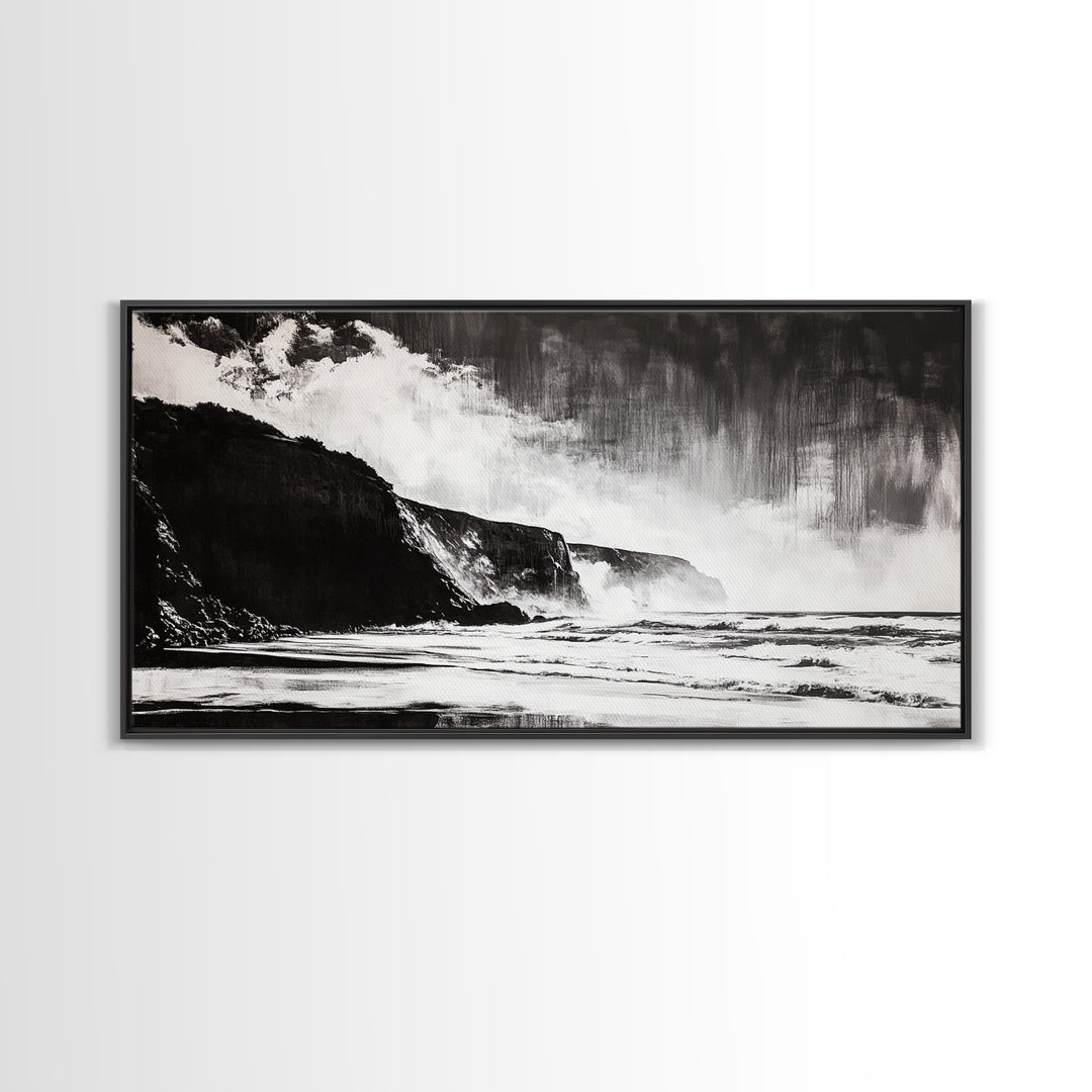 Cliffside Beach, Dramatic Seascape View, Framed Canvas Print, Black and White Art, Minimalist Decor, Bedroom Wall Art, Coastal Aesthetic