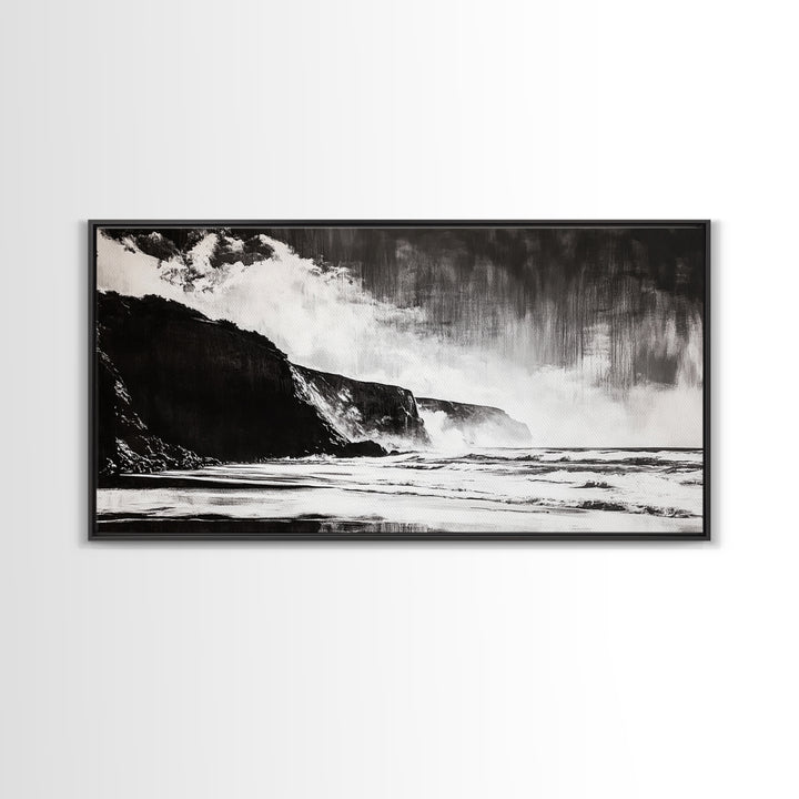 Cliffside Beach, Dramatic Seascape View, Framed Canvas Print, Black and White Art, Minimalist Decor, Bedroom Wall Art, Coastal Aesthetic