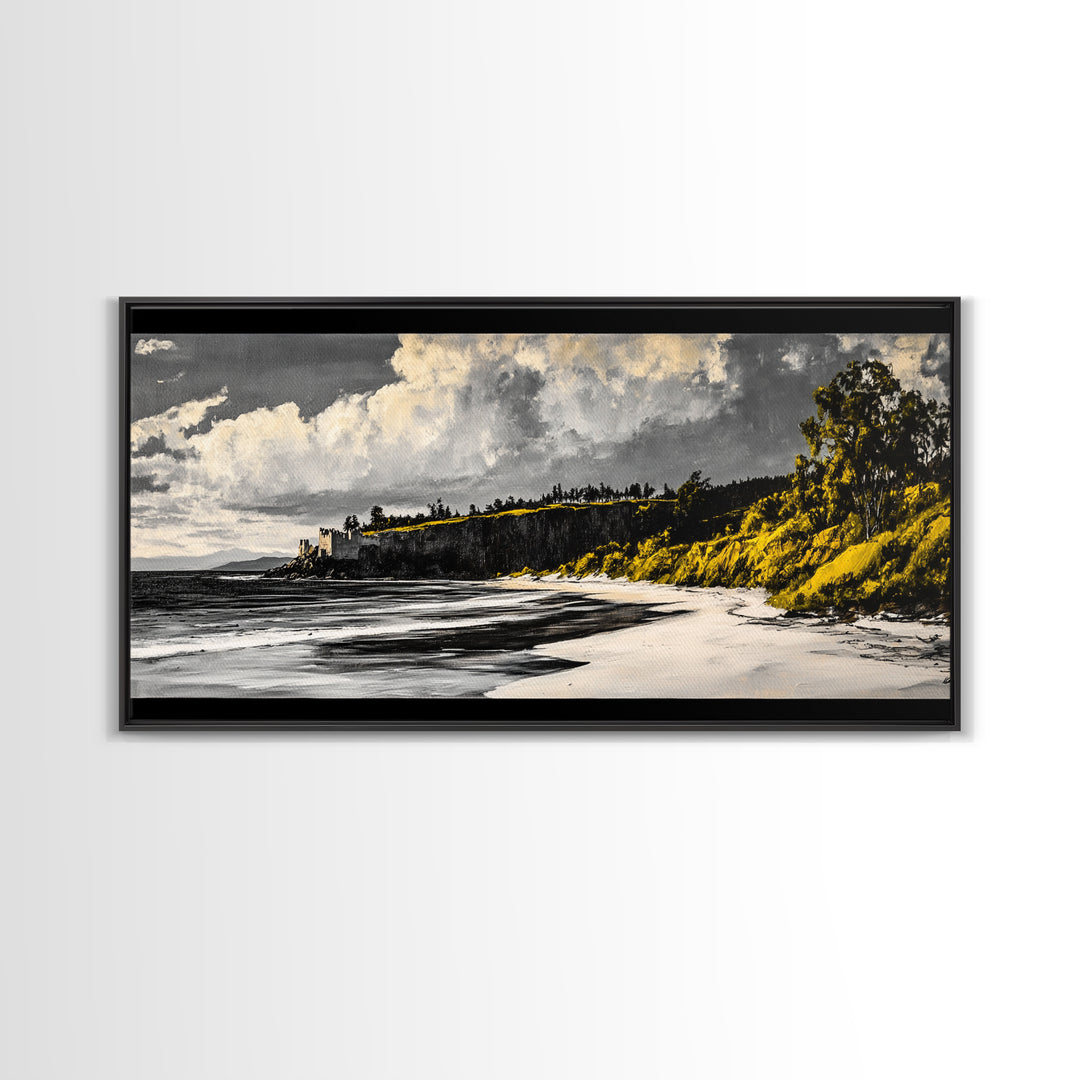 Castle Beach, Coastal Wall Art, European Landscape, Scenic Seascape, Travel Art, Historic Home Decor, Framed Canvas Print, Living Room Art