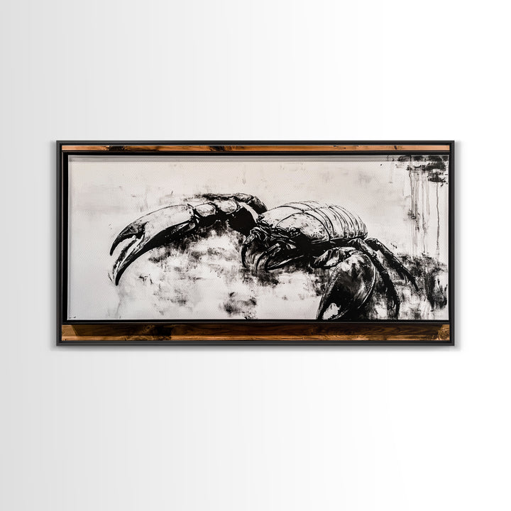 Crab Art, Black and White Coastal Decor, Nautical Wall Art, Beach House Aesthetic, Rustic Framed Canvas Print, Ocean Wildlife Art