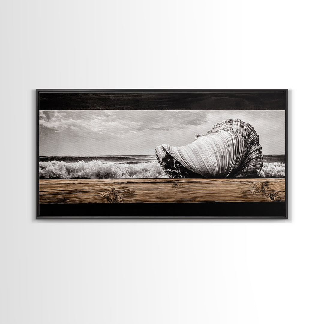Seashell and Waves, Nautical Art, Coastal Beach Decor, Black and White Seascape, Ocean Home Art, Framed Canvas Print, Elegant Art