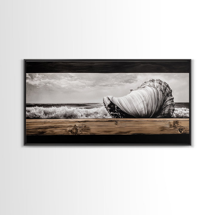 Seashell and Waves, Nautical Art, Coastal Beach Decor, Black and White Seascape, Ocean Home Art, Framed Canvas Print, Elegant Art