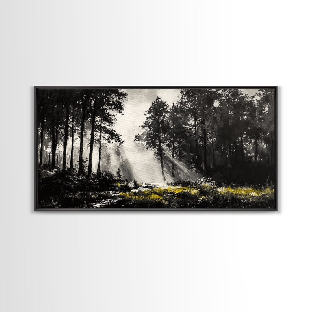 Misty Forest, Black and White, Nature Landscape, Framed Canvas Print, Tree Art, Moody Wall Decor, Rustic Cabin Art, Office Wall Art
