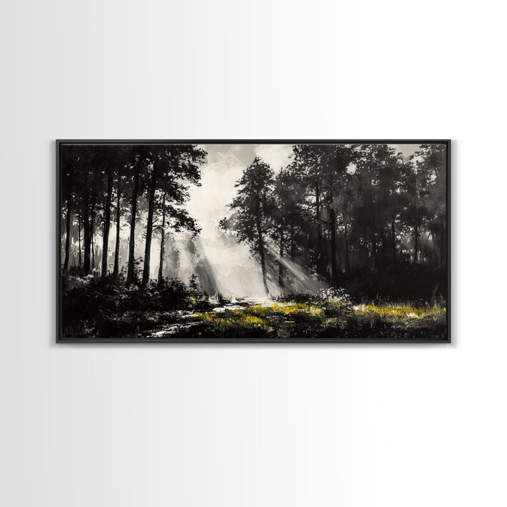 Misty Forest, Black and White, Nature Landscape, Framed Canvas Print, Tree Art, Moody Wall Decor, Rustic Cabin Art, Office Wall Art
