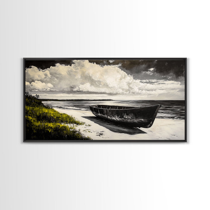 Abandoned Boat, Black White, Seaside Art, Framed Canvas Print, Rustic Beach Decor, Nautical Wall Art, Coastal Print, Office Decor