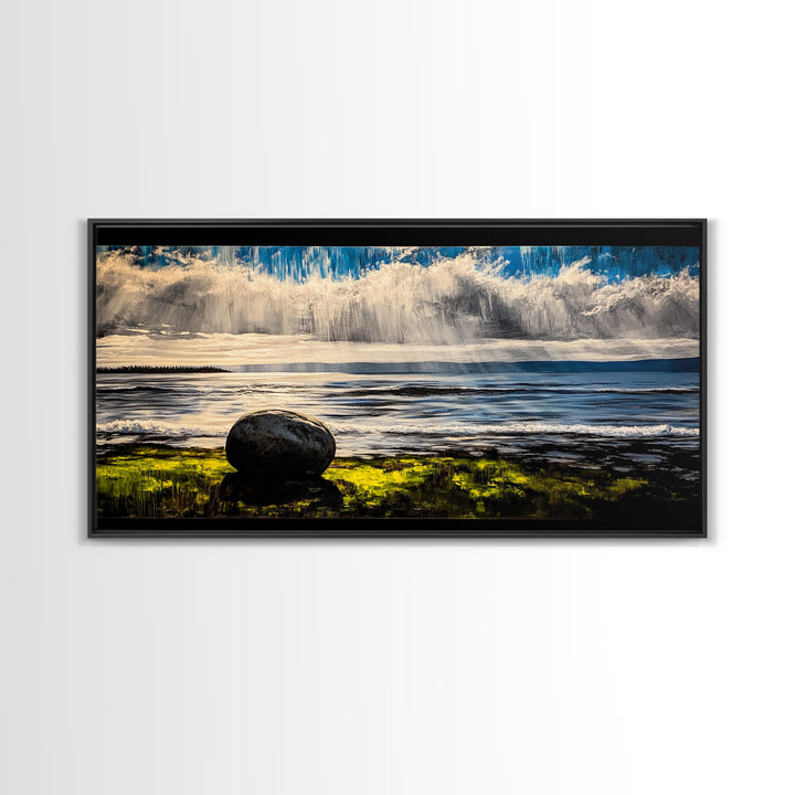 Coastal Rain, Ocean Reflection, Scenic Wall Art, Framed Canvas Print, Serene Nature Print, Landscape Decor, Bedroom Wall Art