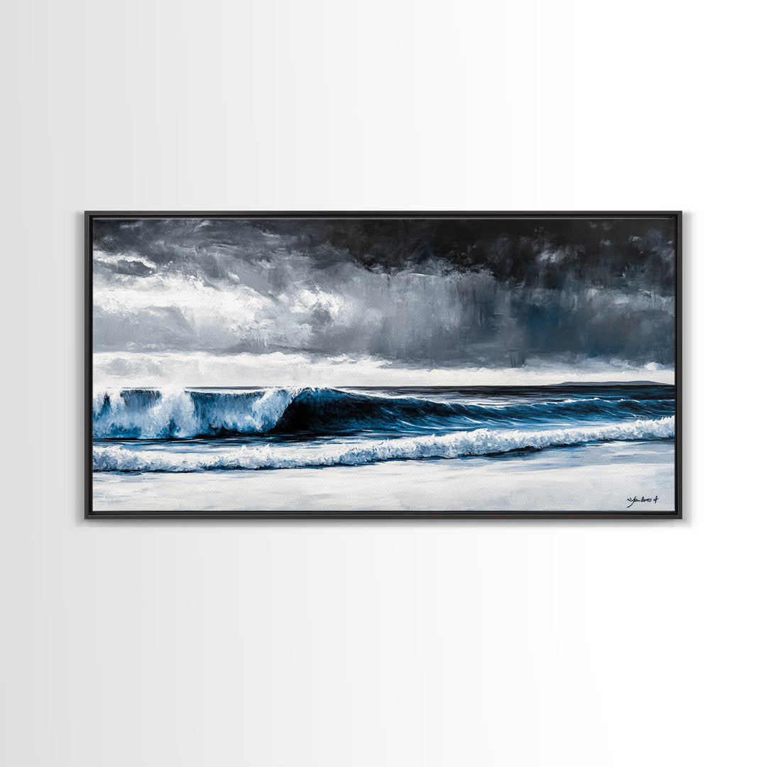 Stormy Ocean, Dramatic Seascape, Blue Waves, Coastal Decor, Moody Beach Art, Modern Wall Decor, Large Statement, Framed Canvas Print
